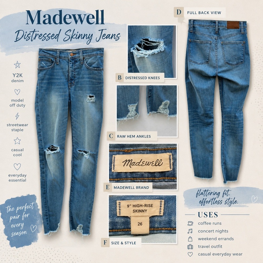 Madewell Jeans Blue Women's 26 9 Inch High Rise Skinny Distressed Raw Hem Y2K
